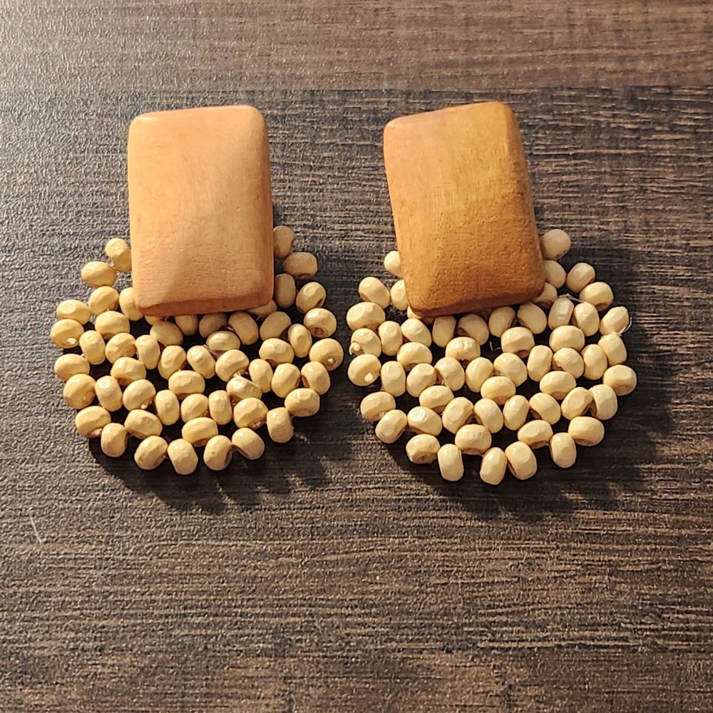 Tan‎ Wood and Cream Seed Bead Geometric Statement Post Earrings Boho 2 Inch